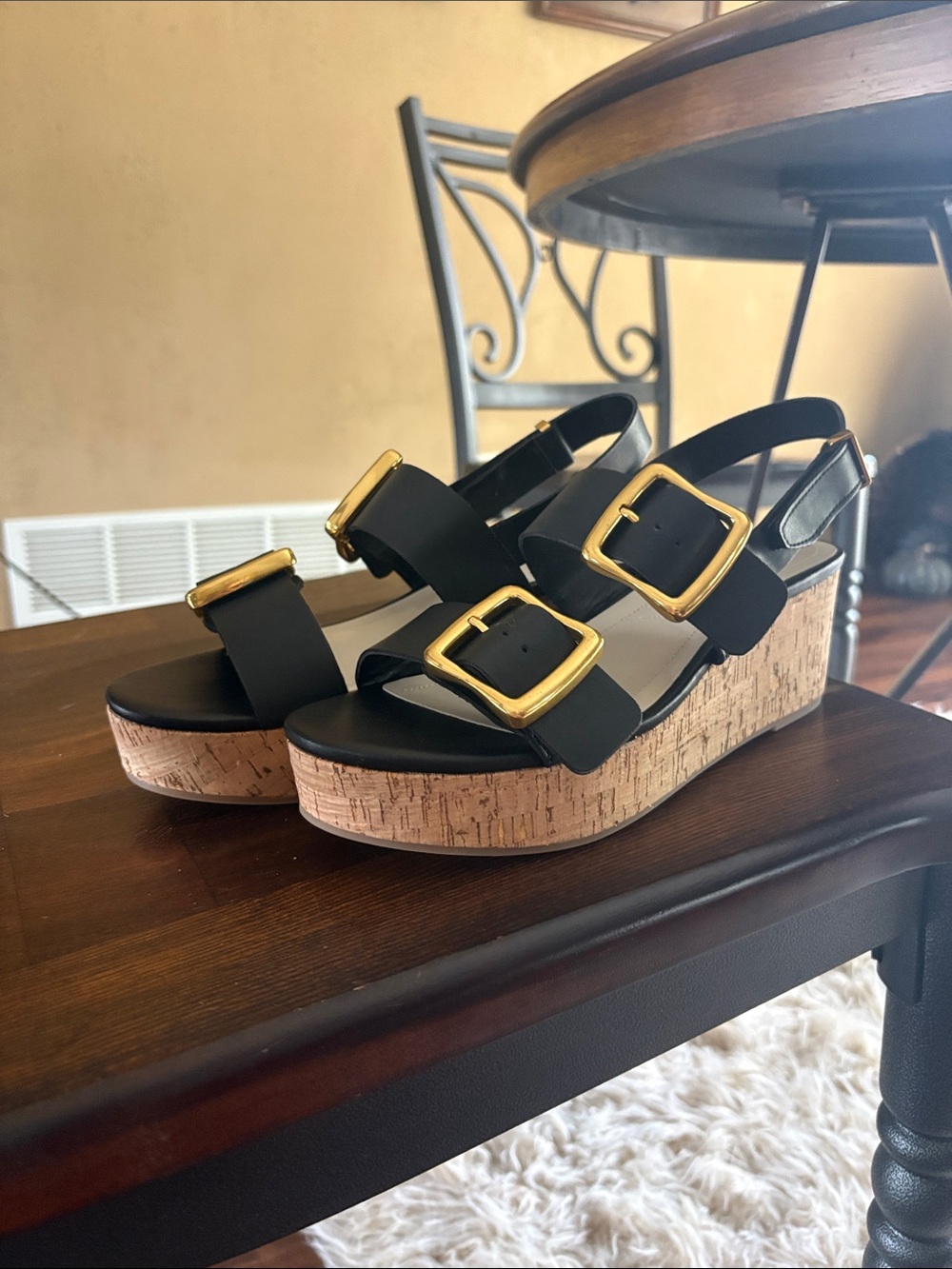 Black Cork Wedge Sandals with Gold Buckles